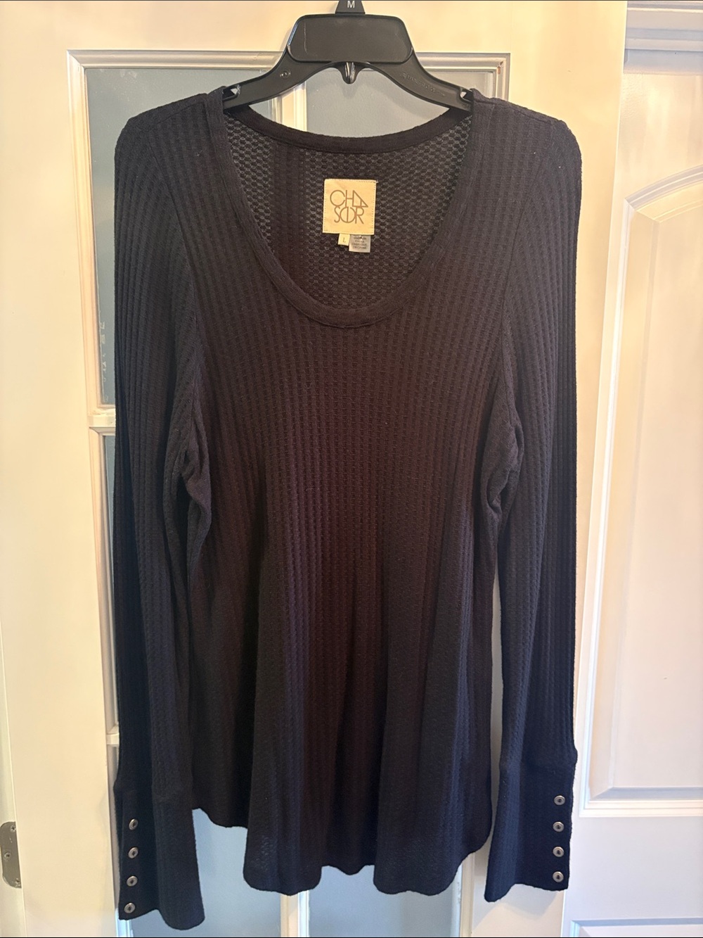 Chaser Black Waffle-Knit Long Sleeve Scoopneck Top